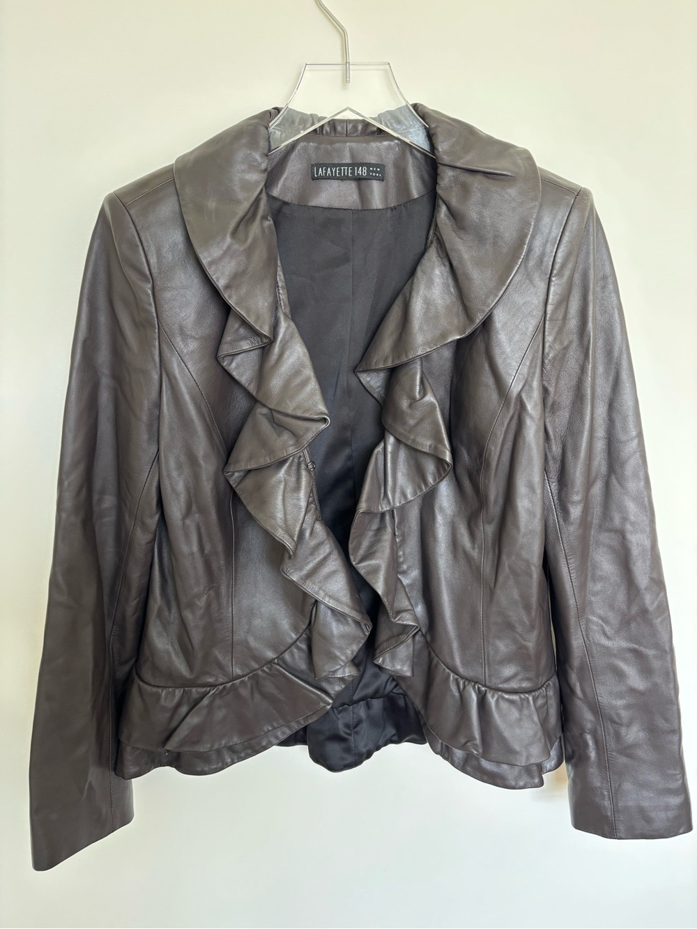 Lafayette 148 New York Chocolate Brown Ruffled Leather Jacket
